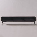 Black rectangular table on a plain light gray background