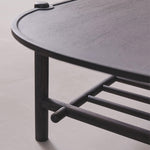 Black metal shelf with curved design on a light gray background