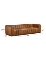 Brown sofa with dimensions labeled on a white background