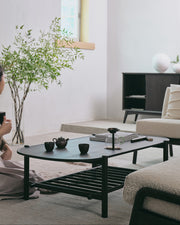 Modern living room with a black coffee table, white sofa, and decorative elements.