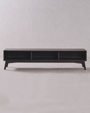 Black rectangular table on a plain light gray background