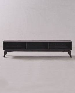 Black rectangular table on a plain light gray background