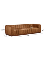 Brown sofa with dimensions labeled on a white background